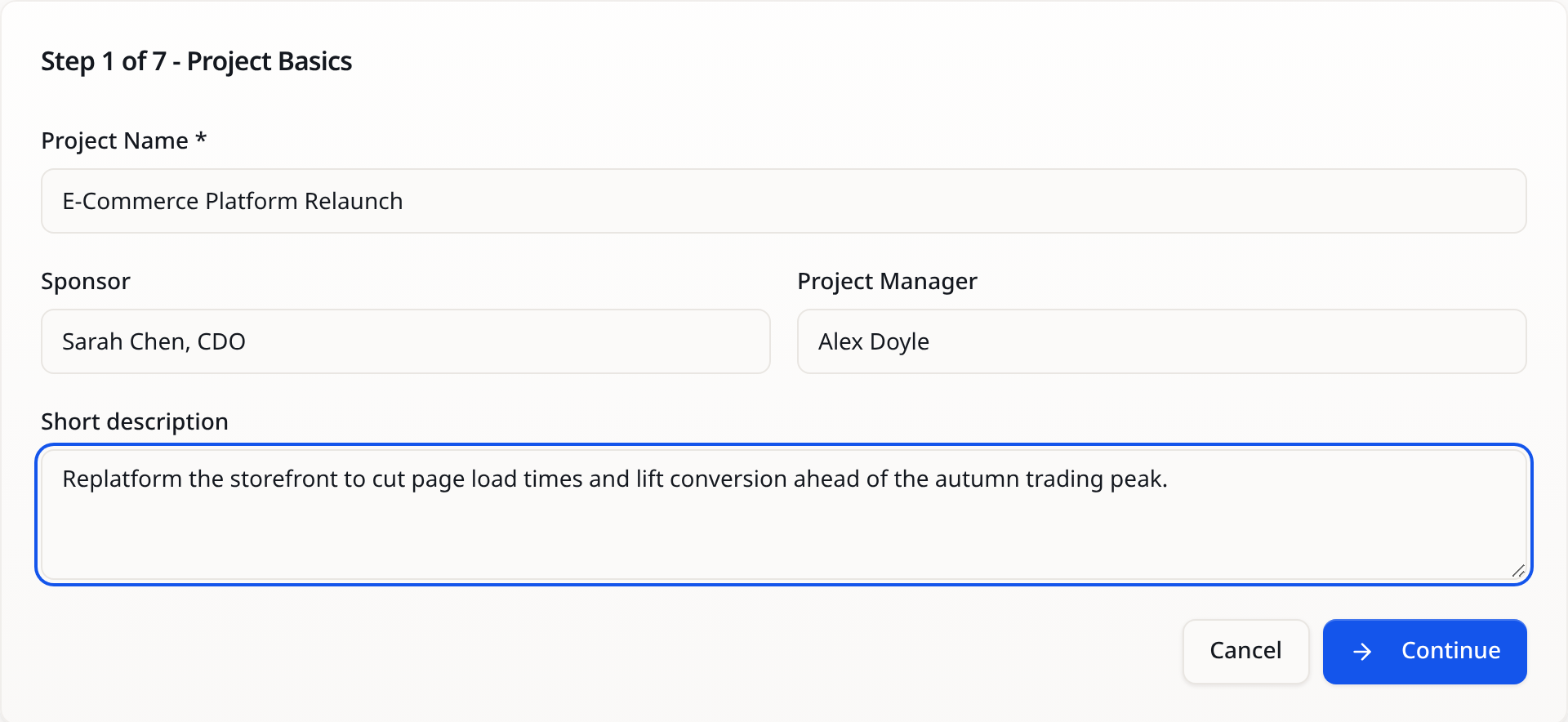 The PM101 new project wizard, step 1 of 7: project name, sponsor, project manager and a short description.