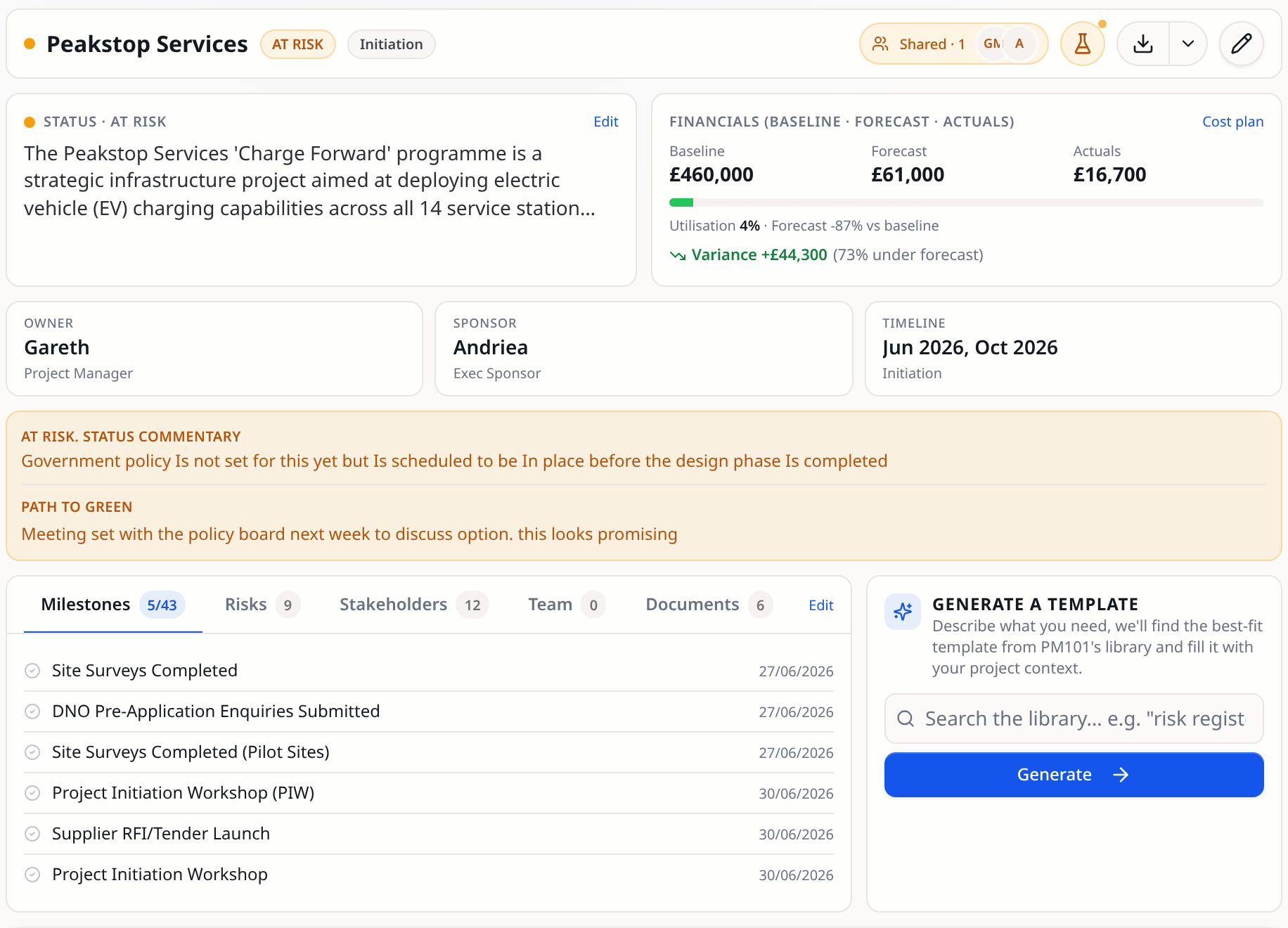 A live PM101 project dashboard showing status, baseline, forecast and actual financials, owner, sponsor, timeline, status commentary and milestones.