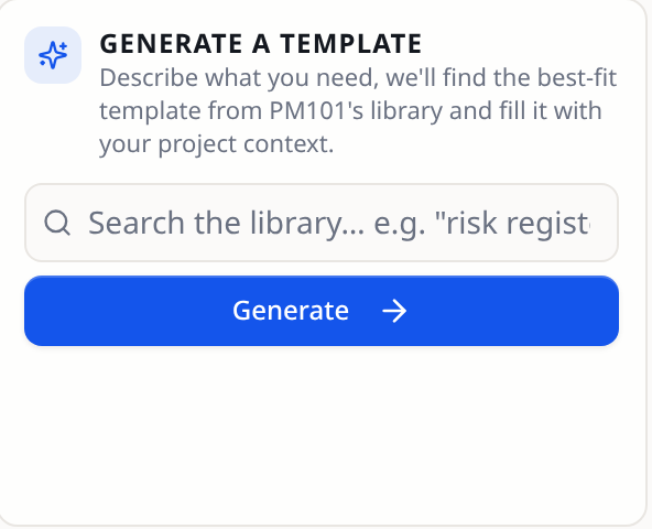 The Generate a template panel inside a PM101 project: a library search box and a Generate button.
