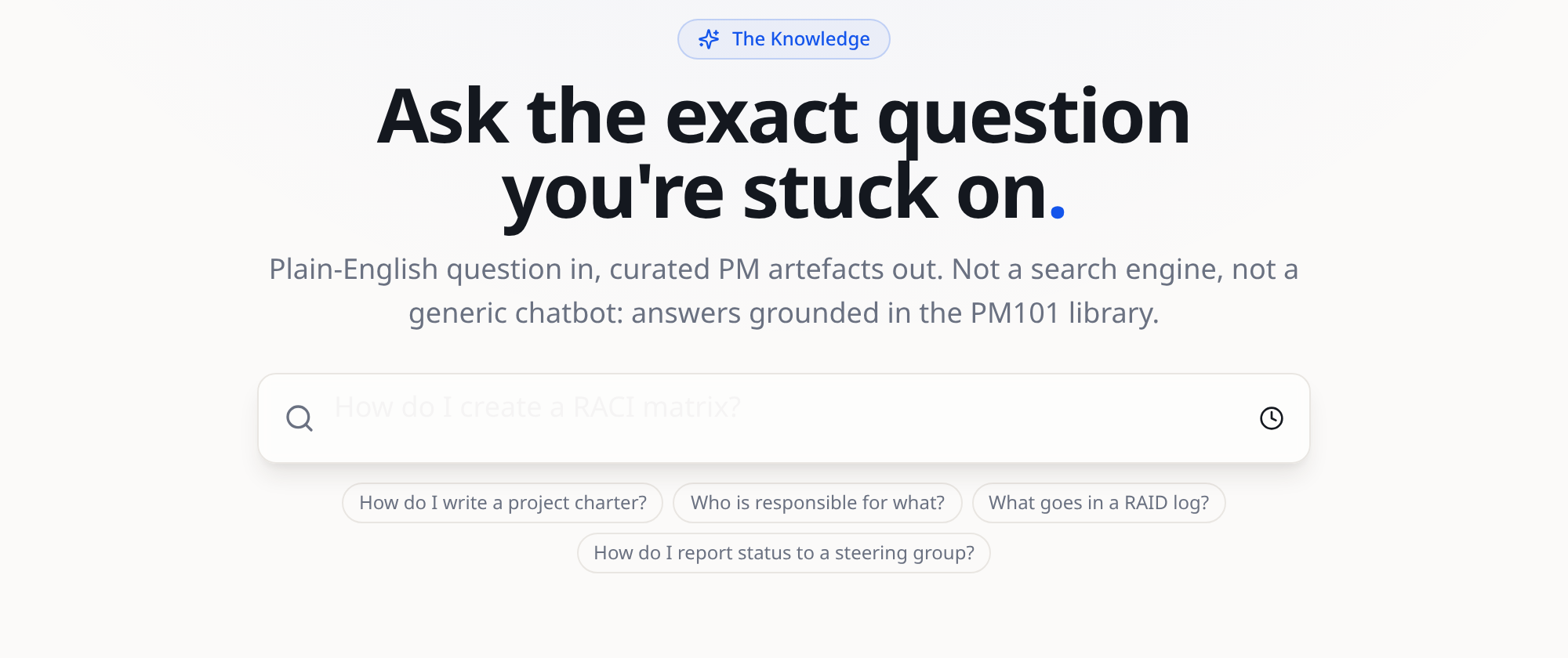 The PM101 Ask page: a single search box for plain-English project management questions, with suggested questions beneath it.